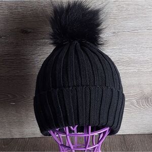 AlXILIARY Ribbed Knit Merino Wool Pom Pom Beanie - Black
